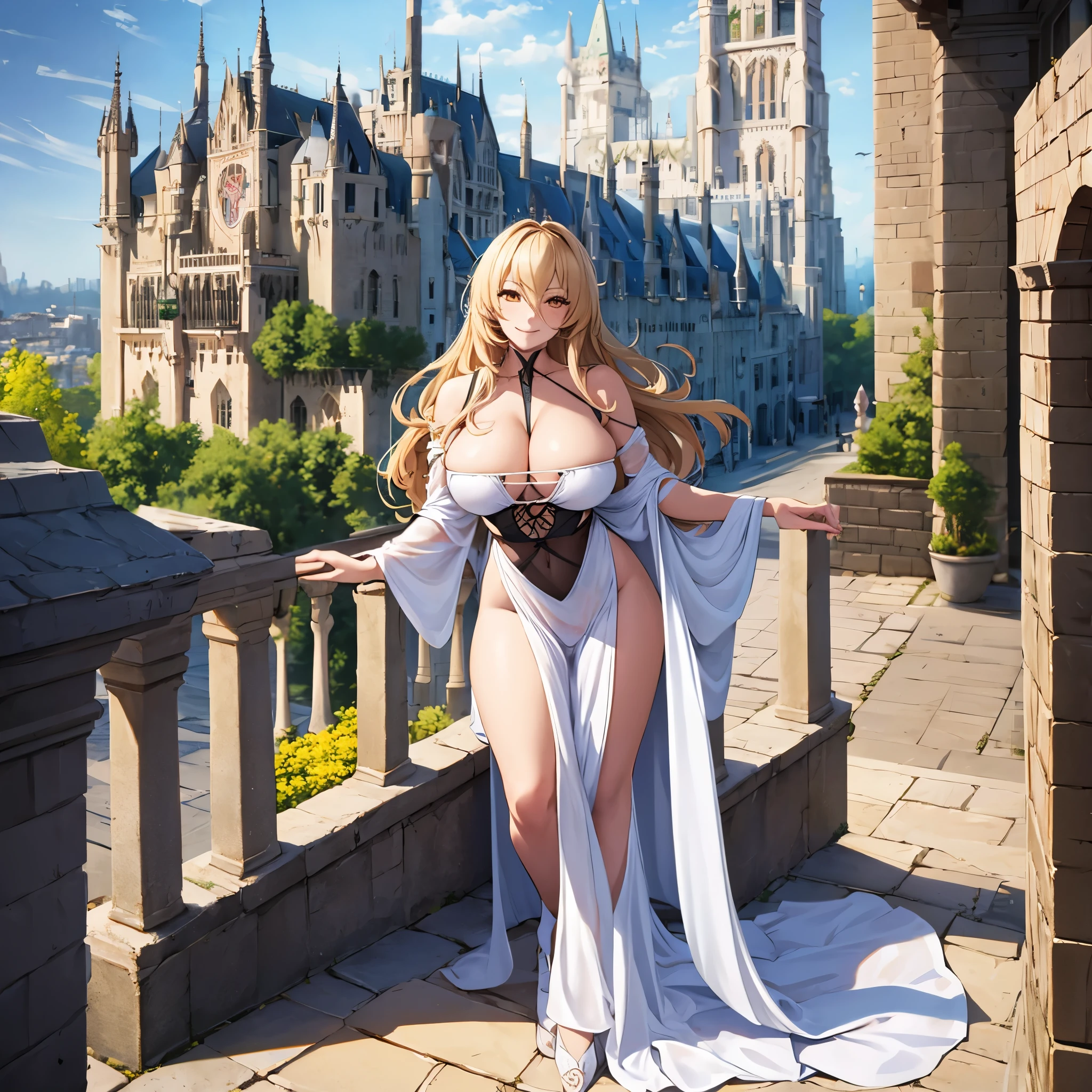 A woman wearing a white dress in the tower of a medieval castle, overlooking a medieval city, long blonde hair, orange eyes, smiling, big breasts, full body,HDR, ultra resolution, well defined, masterpiece, 8K HD. (solo woman)