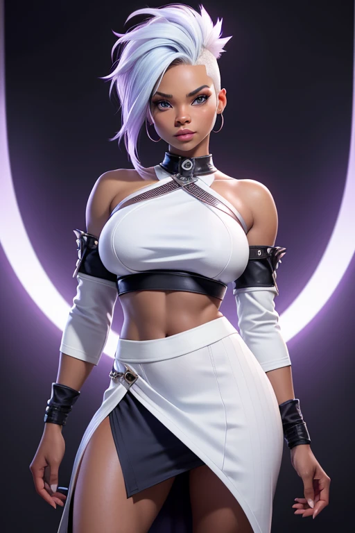 Nia Long as ororo munroe black skin, punk white mohawk hair , blue eyes, big breasts, ethnic purple long skirt!, cotton beige gloria top, covered navel, cropped legs, cotton, black skin, front view!, purple long skirt, white background, realistic colors, front view, light coming from the right, 8K image quality, Masterpiece