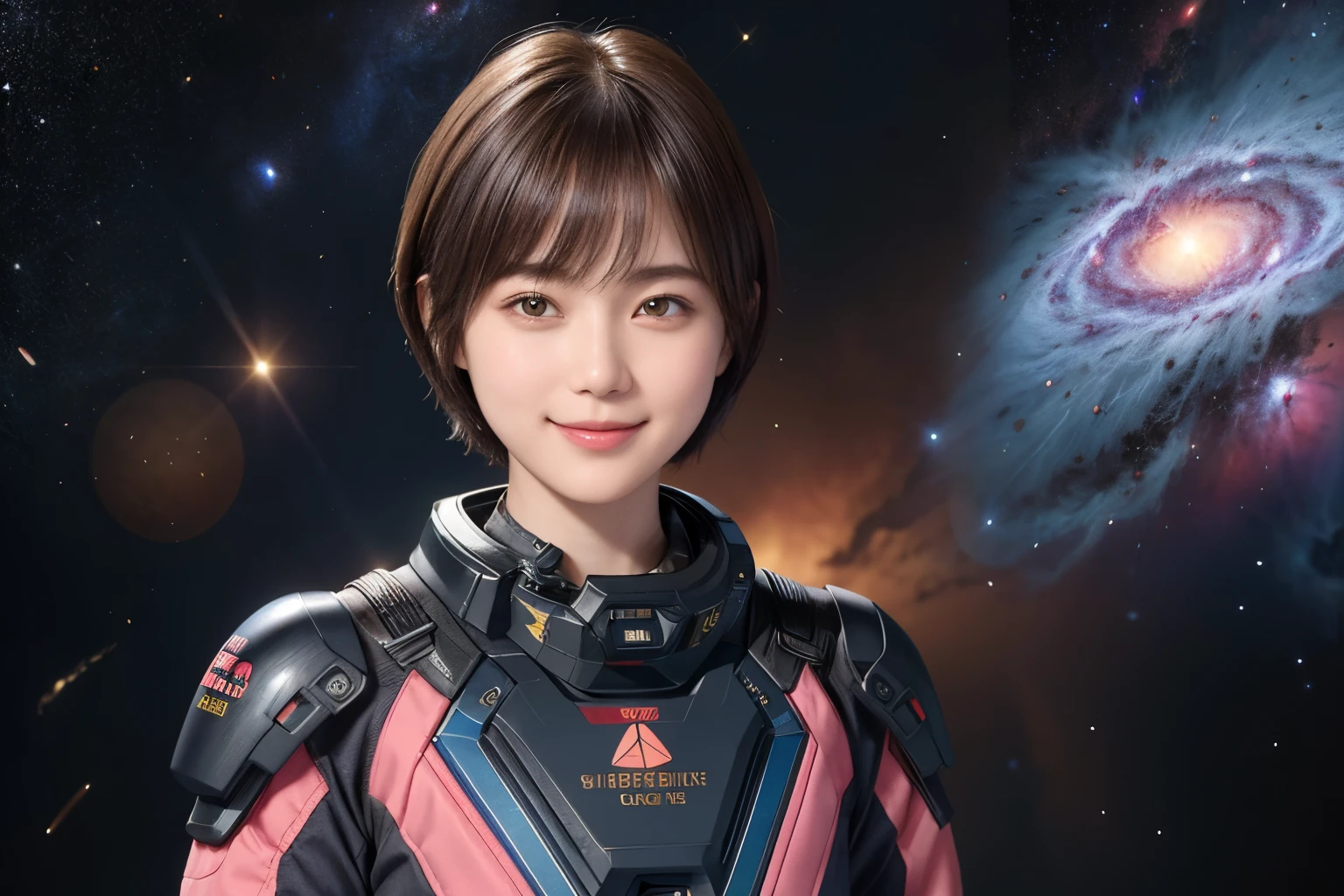 211 Short Hair, 20-year-old woman, Floral, A kind smile, 未来的なClothes装, machinery suit, (The background is a galaxy and nebula), (Separate up and down々Clothes)