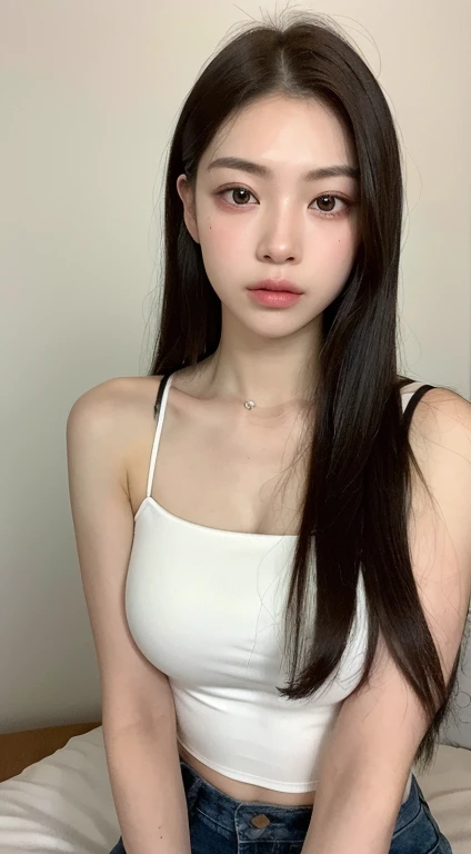 ((Realistic lighting, best qualtiy, 8k, tmasterpiece:1.3)), sharp fokus:1.2, 1girl, Beautiful Women with Perfect Figure:1.4, Slim abs:1.1, ((dark brown hair)), (White crop top:1.4),(exteriors,during night:1.1),Sit on the indoor bed,Ultra-fine face,Fine eyes,double eyelid,Leaks out the entire delicate breast