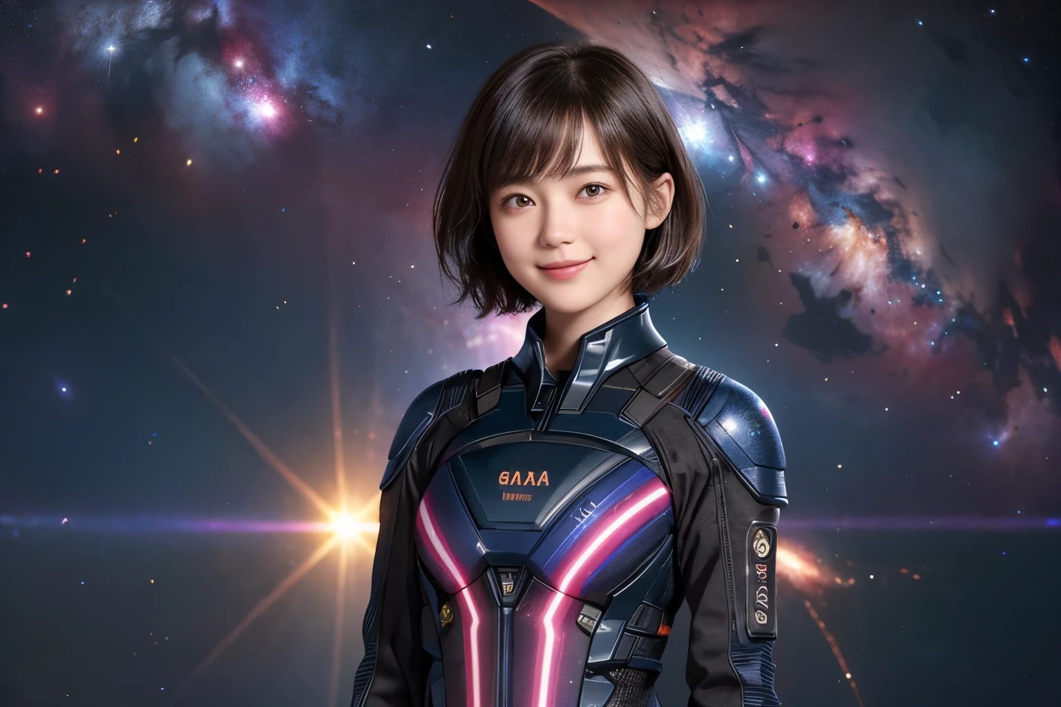 211 Short Hair, 20-year-old woman, Floral, A kind smile, 未来的なClothes装, machinery suit, (The background is a galaxy and nebula), (Separate up and down々Clothes)