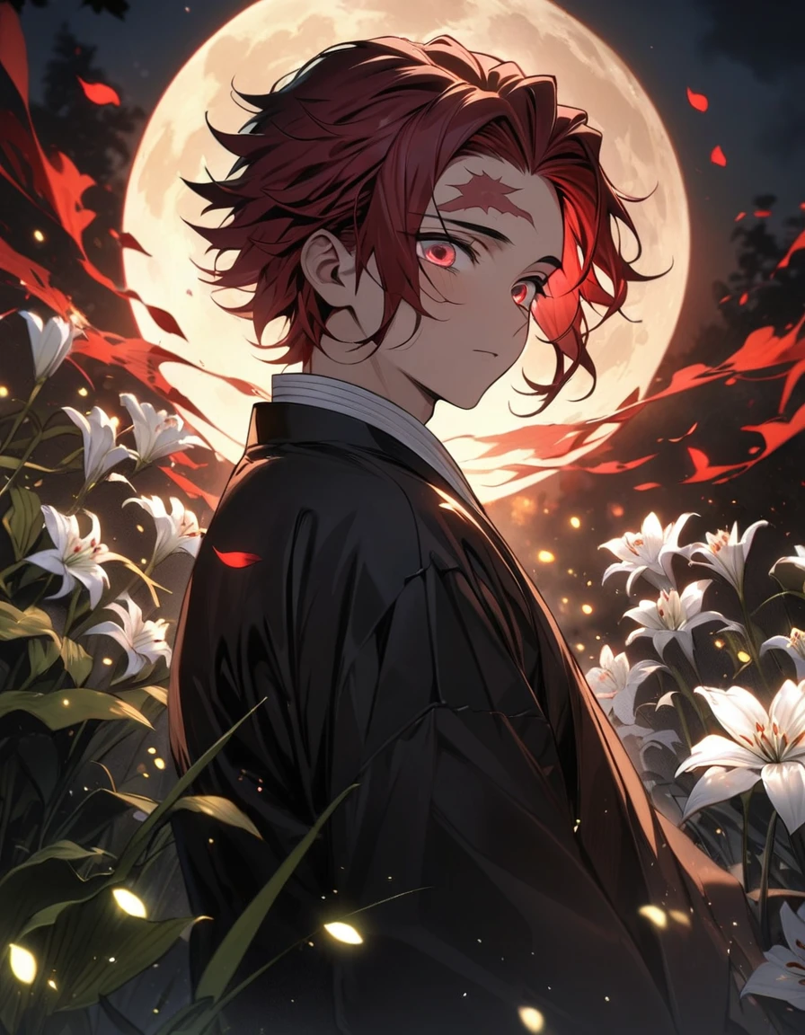 absurdres, highres, ultra detailed, HDR, master piece, best quality, Kamado Tanjiro, red hair, without bangs, expressive red eyes, red scar on the left side of the forehead, Kimetsu No Yaiba, 1man, handsome, petals, white lilies, moon, fireflies