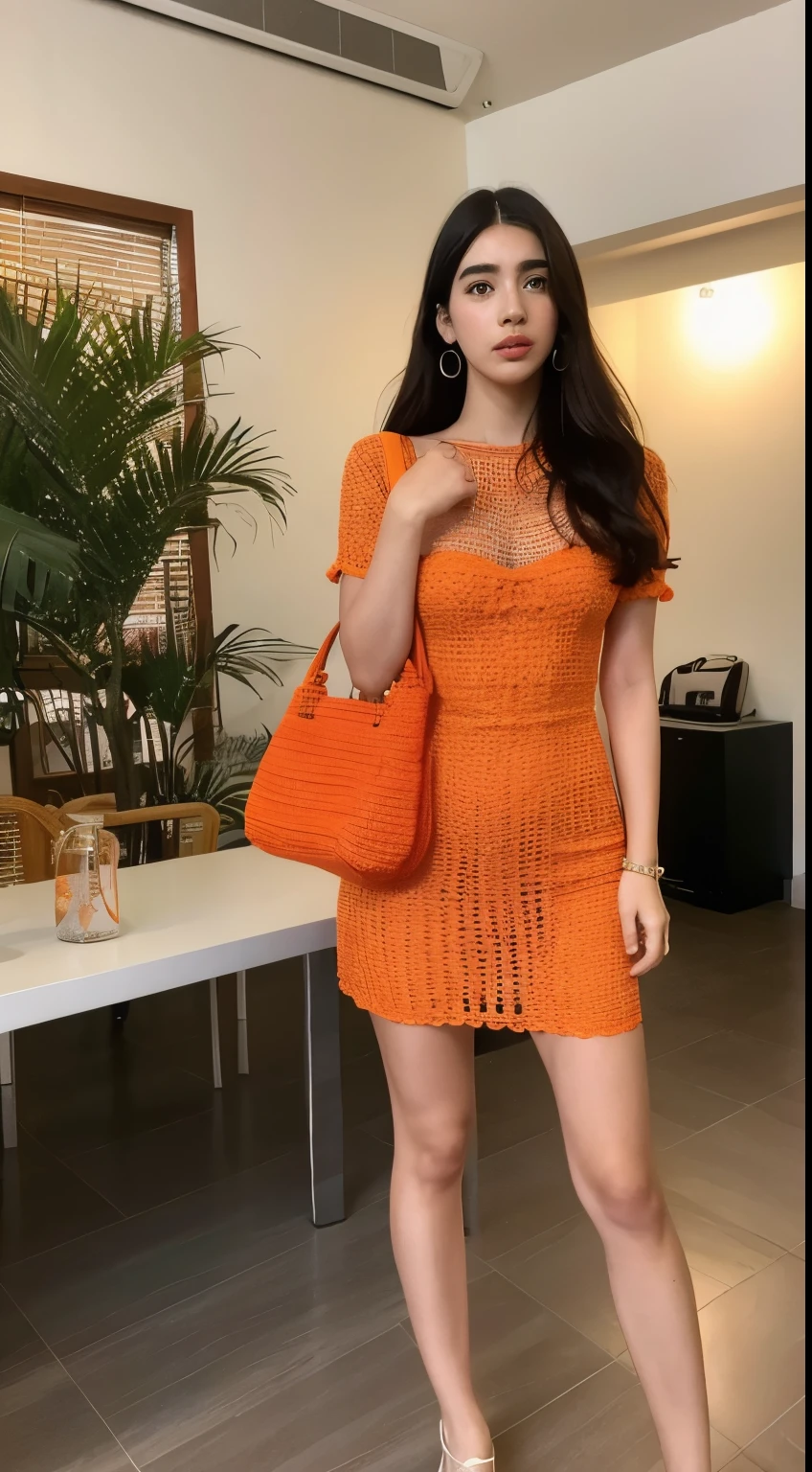 uma foto de corpo inteiro, from afar of an araffe dua lipa girl in a orange tube dress and crochet bag in her hand, em loja de artesanato nordestino, 8k melhor qualidade, Preparando