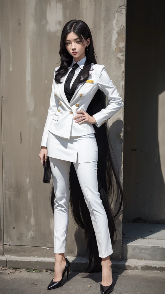 Beautiful girl with two meter long hair, long black hair, wearing a white women&#39;s suit, Wear a suit over the outside., (business suit), (business woman, ชุดbusiness suit, white skirt suit, Two button suit, pencil skirt, tight), (white women&#39;s suit), (white shirt), (Thai women&#39;s short black necktie), (Military rank insignia), (pencil skirtสั้นสีขาว), tight, (dynamic post), full body, (Huge breasts, thin body, small waist, hips raised, small thighs, Long legs), A gigantic rift, black high heels, pencil skirtสั้นสีขาว, สวมbusiness suit, business suit, military regalia, advanced military rank, สวมblack high heels