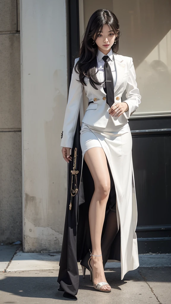 Beautiful girl with two meter long hair, long black hair, wearing a white women&#39;s suit, Wear a suit over the outside., (business suit), (business woman, ชุดbusiness suit, white skirt suit, Two button suit, pencil skirt, tight), (white women&#39;s suit), (white shirt), (Thai women&#39;s short black necktie), (Military rank insignia), (pencil skirtสั้นสีขาว), tight, (dynamic post), full body, (Huge breasts, thin body, small waist, hips raised, small thighs, Long legs), A gigantic rift, black high heels, pencil skirtสั้นสีขาว, สวมbusiness suit, business suit, military regalia, advanced military rank, สวมblack high heels