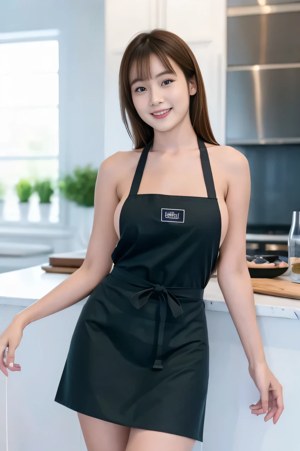 highest quality,masterpiece,Ultra-high resolution, (Realistic:1.4), girl, 18-year-old, (Firm breasts:1.2),  (Slim face:1.2, Narrow waist, Thin legs), Charm,  look at each other, Dynamic Shot, (black choker) , (bangs), Blue Eyes, smile, Big Breasts, ((Naked Apron, Work Apron))、very long eyelashes, ((factory)), (Nipples:-1), No sleeve