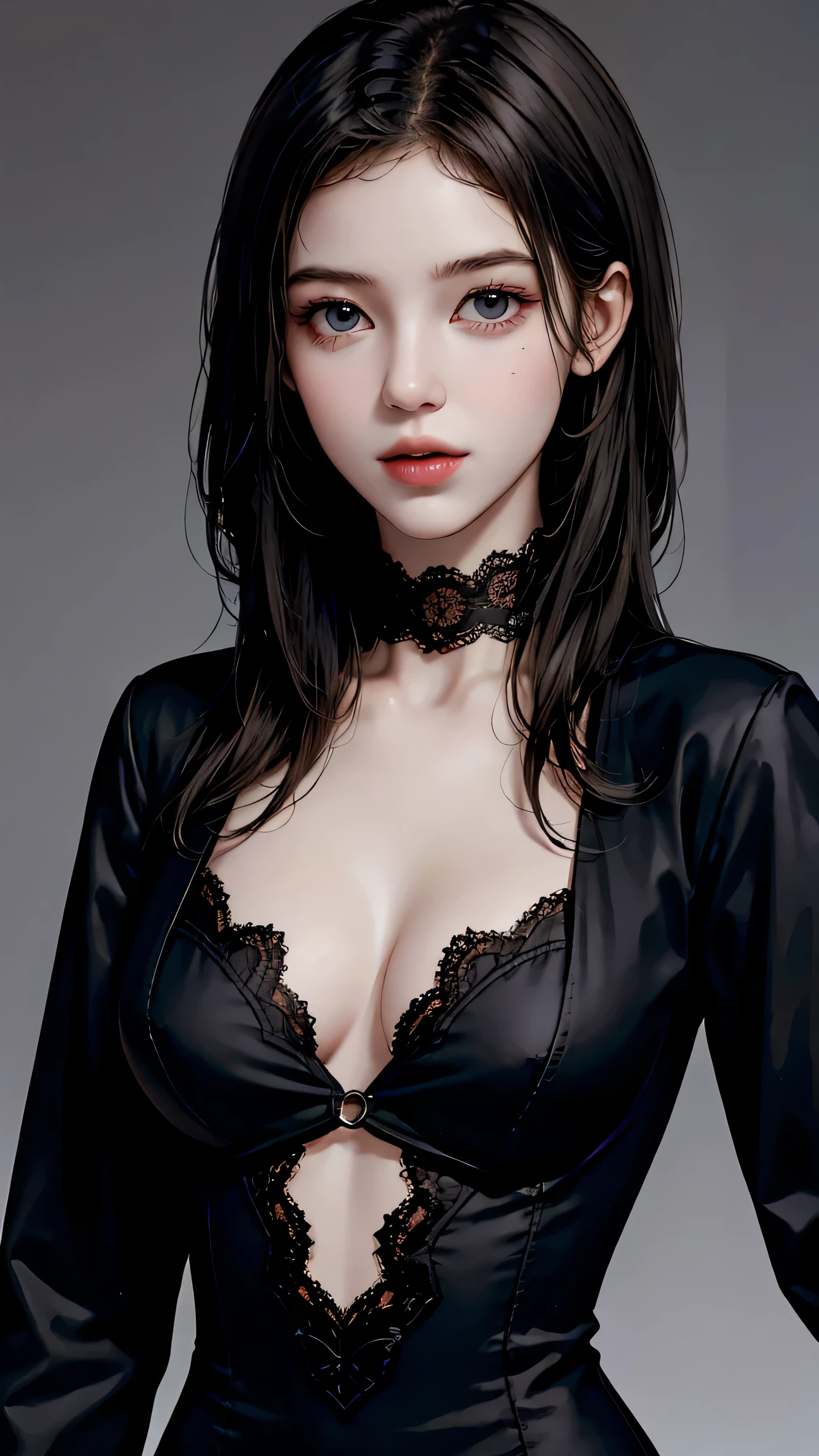 Beautiful girl with realistic black eyes, Pale skin, Long black hair, Perfect Face, Perfect Eyes, ((wearing a black coat)),((A tight lace dress with a plunging neckline)) Very detailed, Overall Movie, Digital Painting, 8k, Cinema Lighting, highest quality, High resolution, well done!, Post-processing, Perfect results, Surreal,(((Revealing clothing))),Big Breasts,choker