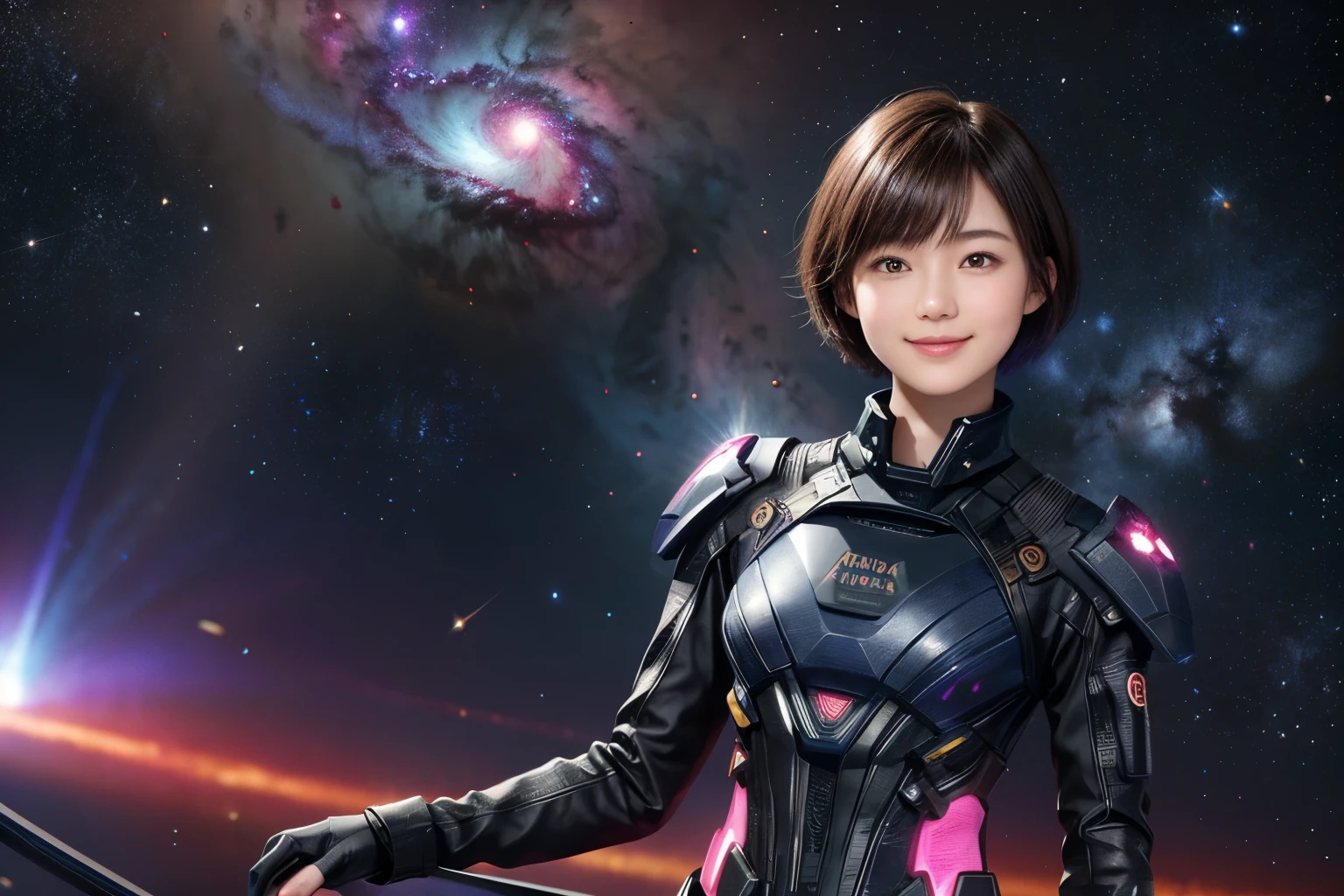 211 Short Hair, 20-year-old woman, Floral, A kind smile, 未来的なClothes装, machinery suit, (The background is a galaxy and nebula), (Separate up and down々Clothes)