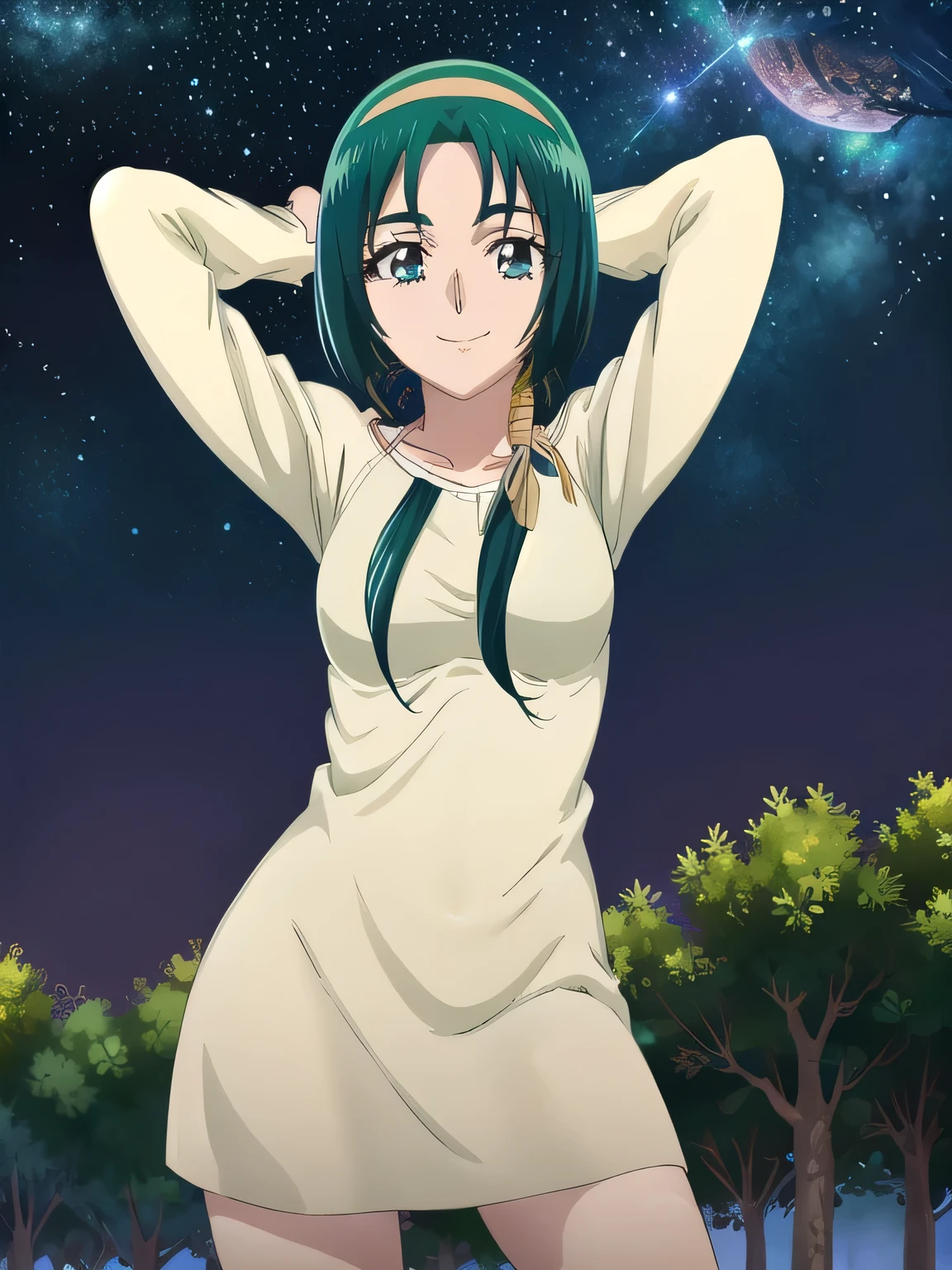 akimotokomachi, 1girl, solo, hairband, anime coloring, solo, night sky, forest, arms behind head, contrapposto, spread armpits, closed mouth, smile, (cowboy shot:1.5), looking at viewer, ponytail, shirt, anime coloring,