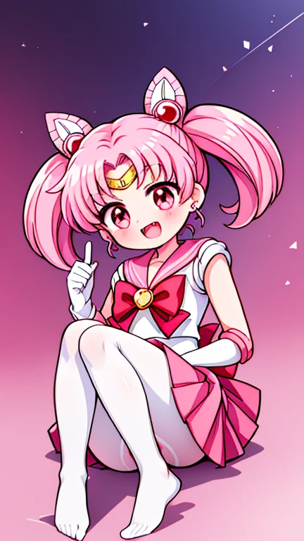 Sailor Moon,young年,Seven years old,cute,(Little Loli),Pink hair twintails,short hair,Sailor Suit,red bow,White elbow gloves,Red Skirt,no shoes,Open your mouth,laughing out loud,Fangs,(White pantyhose),soles of feet,Soles,(young),(The body is small and delicate)