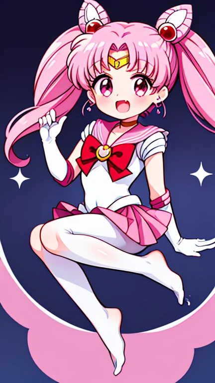 Sailor Moon，young年，Seven years old，cute，（Little ），Pink hair twintails，short hair，Sailor Suit，red bow，White elbow gloves，Red Skirt，no shoes，Open your mouth，laughing out loud，Fangs，(White pantyhose),soles of feet，Soles，（young），（The body is small and delicate）