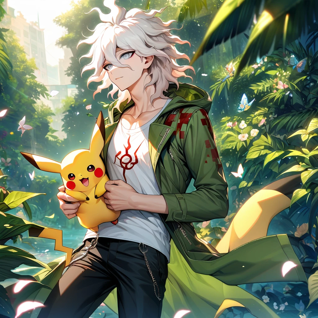 Ultra detailed, Highres, absurdres, HDR, Komaeda Nagito, silver eyes, white hair, Danganronpa, green leaves, petals, butterflies, handsome, 1 adult man, holding a plushie of Pikachu, green long coat, white tight t-shirt, summer, black pants,