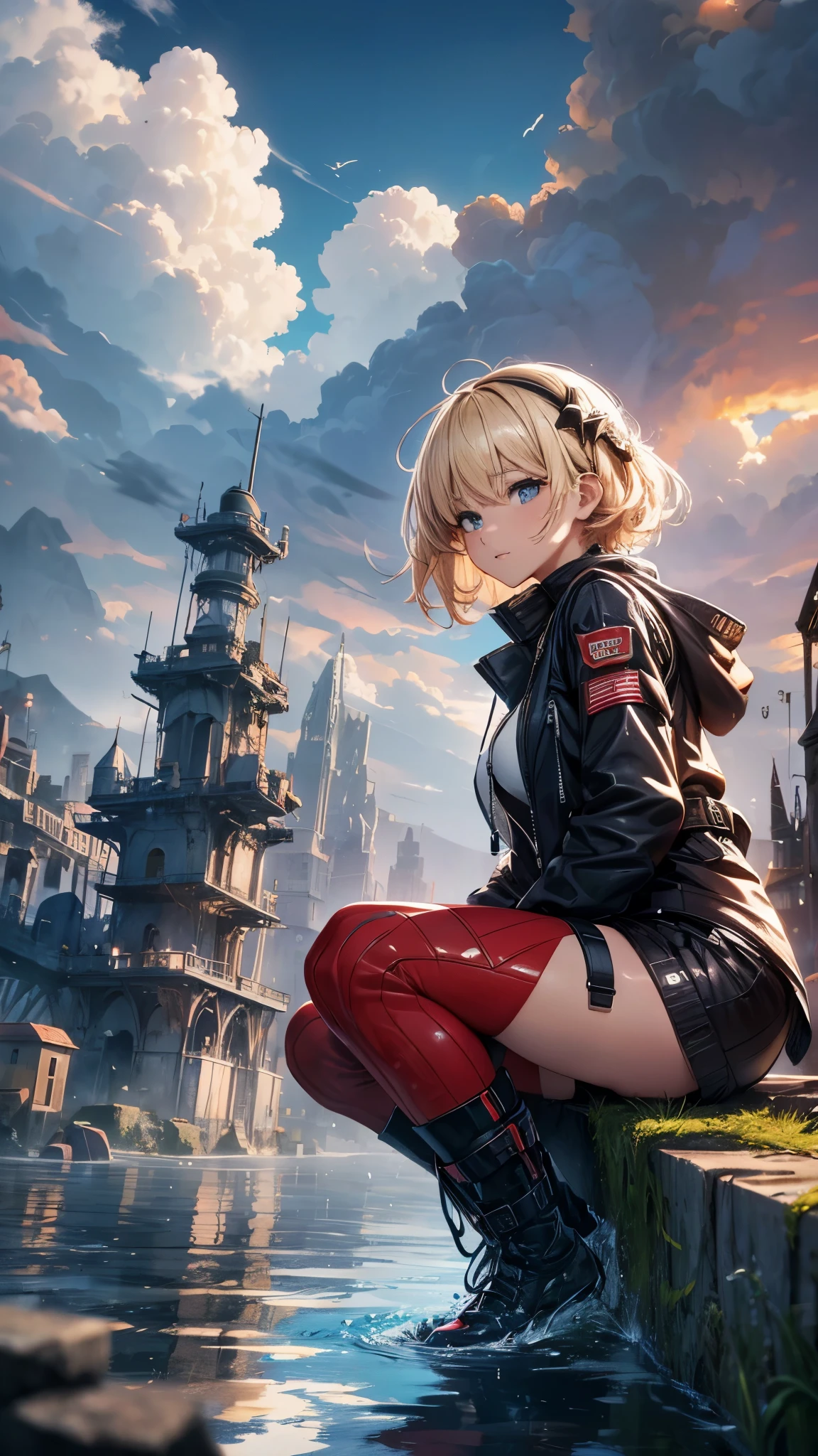 (best quality,4k,highres,ultra-detailed,realistic:1.2) Outside the submerged city,ruins,floating houses,collapsed houses,one 20years old woman,blonde short hair,sitting on the floating house