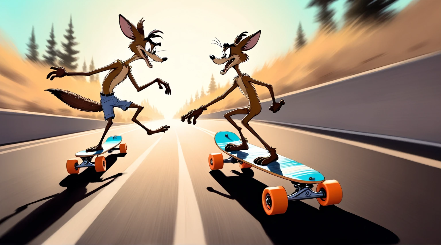 longboarding, downhill, motion blur, sense of movement and energy, Wile E. Coyote and the Road Runner, Wile Coyote on a longboard, keeping pace with Roadrunner who is running on the road, hand drawn Chuck Jones style reference, negative inverted colors, thermal iridescent effect,