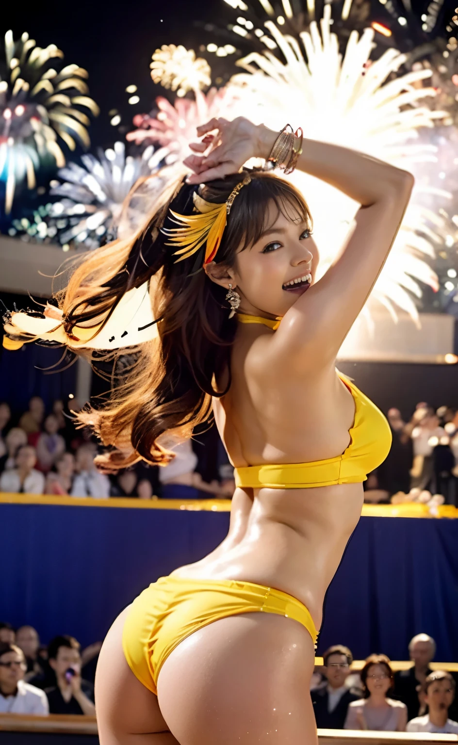 Perfect anatomical depiction of the limbs,(highest quality,4K,High resolution,masterpiece:1.2),Very detailed,(Realistic,photo-Realistic:1.37),4K photography capturing the essence of the action from behind,Beautiful Japanese carnival dancer,detailed and beautiful face,A coke bottle body with a beautifully slim waist,Energetic dance moves,((Exquisite and glamorous costumes and accessories,Multicolored feathers and sequins,Undulating samba rhythm,Spectacular headdress,feather collar,Striking makeup and body paint)),Sensational stage presence,Bright light,(((Glittering fireworks))),Breathtaking stage effects,Exotic atmosphere,fun celebration,Bright colors,Samba music,Fierce passion,Spectacular showmanship,Excitement and energy,Crowd cheers,Intense bass and drums,Shake your hips and spin around,Dynamic Dance Routine,Interaction with the audience,Movement and fluidity,Sultry and sensual,Complex choreography,Professional Dancers,Eye-popping performance,Catwalk in the spotlight,High-energy carnival atmosphere,electric atmosphere,Bright smiles and laughter,An unforgettable experience, atmosphere,Brazil's Heartbeat,Dynamic and rhythmic,Exuberant spirit,Boundless joy,Seductive and sensual,Swirling costumes and high-leg bikinis,Sensual elegance,Vibrant and infectious,Free Dance,An authentic cultural experience,Colorful floats and parades.
