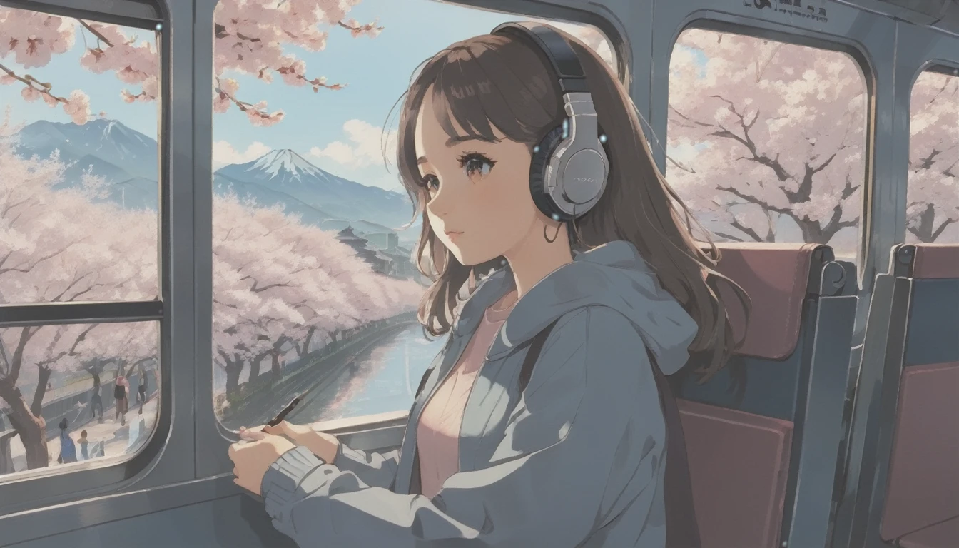 wideshot,old cartoon,on the train,woman listening to music,1 headphones,very detailed, supreme detail,lo-fi hip-hop,anime texture,solo,picture,gaze out at the outside,ultra-detailed,(best quality,4k,8k,highres,masterpiece:1.2),realistic,photorealistic:1.37,cell-shaded style,pastel color palette,soft lighting, A view of cherry blossoms in full bloom