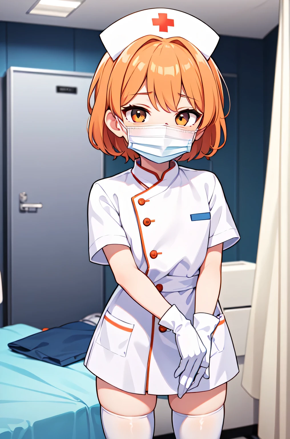 1boy, solo, male focus, nurse, white nurse cap, white nurse uniform, ((white legwear, zettai ryouiki)), white gloves, short hair, orange hair, ((white surgical mask, covered nose)), standing, ((hospital room)), sharp outline, short sleeves, shota, 12 years old, best quality, masterpiece
