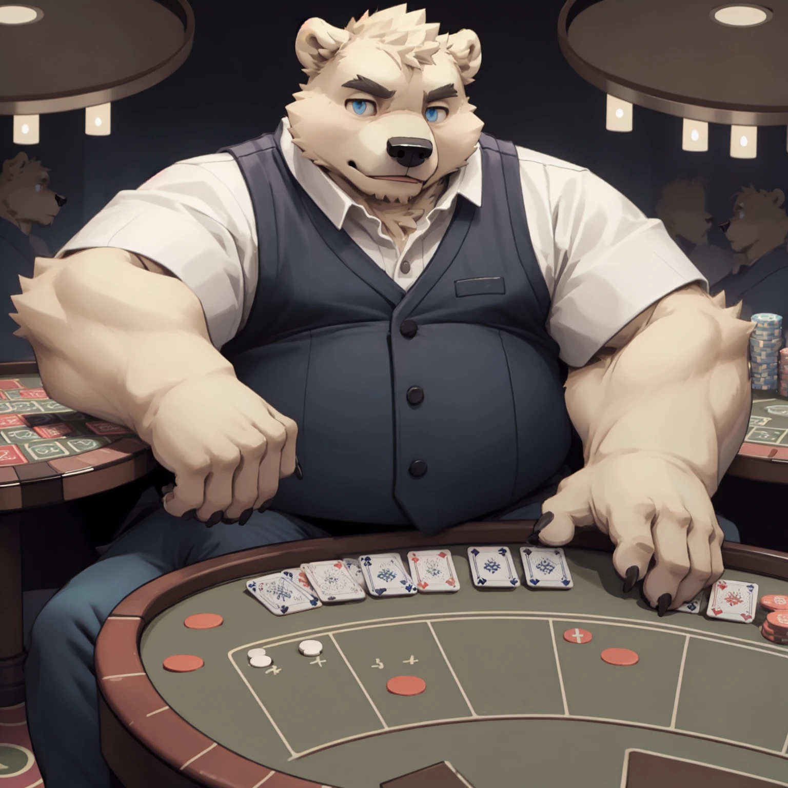 New Jersey 5 Furry,polar bear,Full body portrait of an individual,Exquisite, Chubby,Fat,Thick arms,Rugged muscles,Topless,White plush fur,Chubby脸,Black eyebrows,sky blue eyes,Black beard:1.5,White lining,vest,jeans,Dealer Attire,casino,Poker Table,坐在Poker Table前,Playing cards in hand