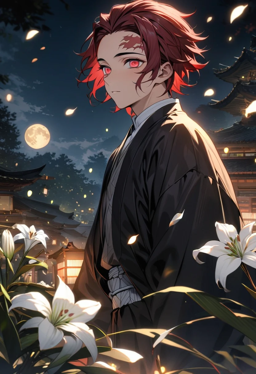 absurdres, highres, ultra detailed, HDR, master piece, best quality, Kamado Tanjiro, red hair, without bangs, expressive red eyes, red scar on the left side of the forehead, Kimetsu No Yaiba, 1man, handsome, petals, white lilies, moon, fireflies