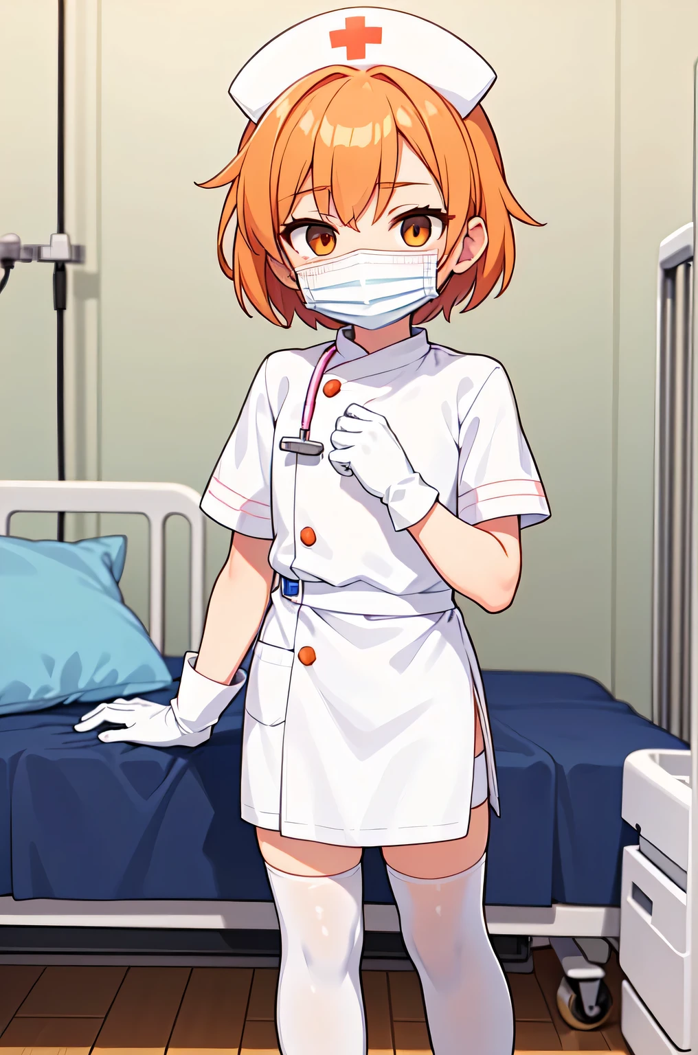 1boy, solo, male focus, nurse, white nurse cap, white nurse uniform, ((white legwear, zettai ryouiki)), white gloves, short hair, orange hair, ((white surgical mask, covered nose)), standing, ((hospital room)), sharp outline, short sleeves, shota, 12 years old, best quality, masterpiece
