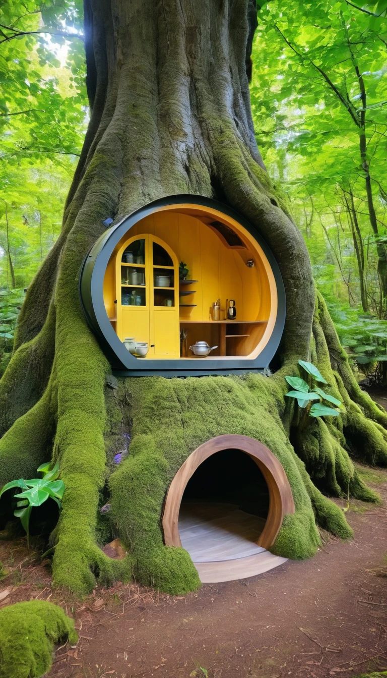 (Inside the tree:1.2), Magical fairytale forest, There is a cozy kitchenette inside