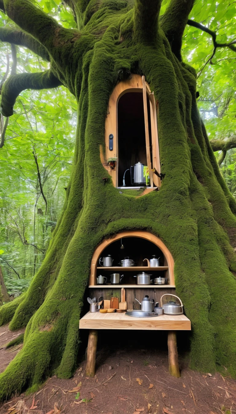 (Inside the tree:1.2), Magical fairytale forest, There is a cozy kitchenette inside