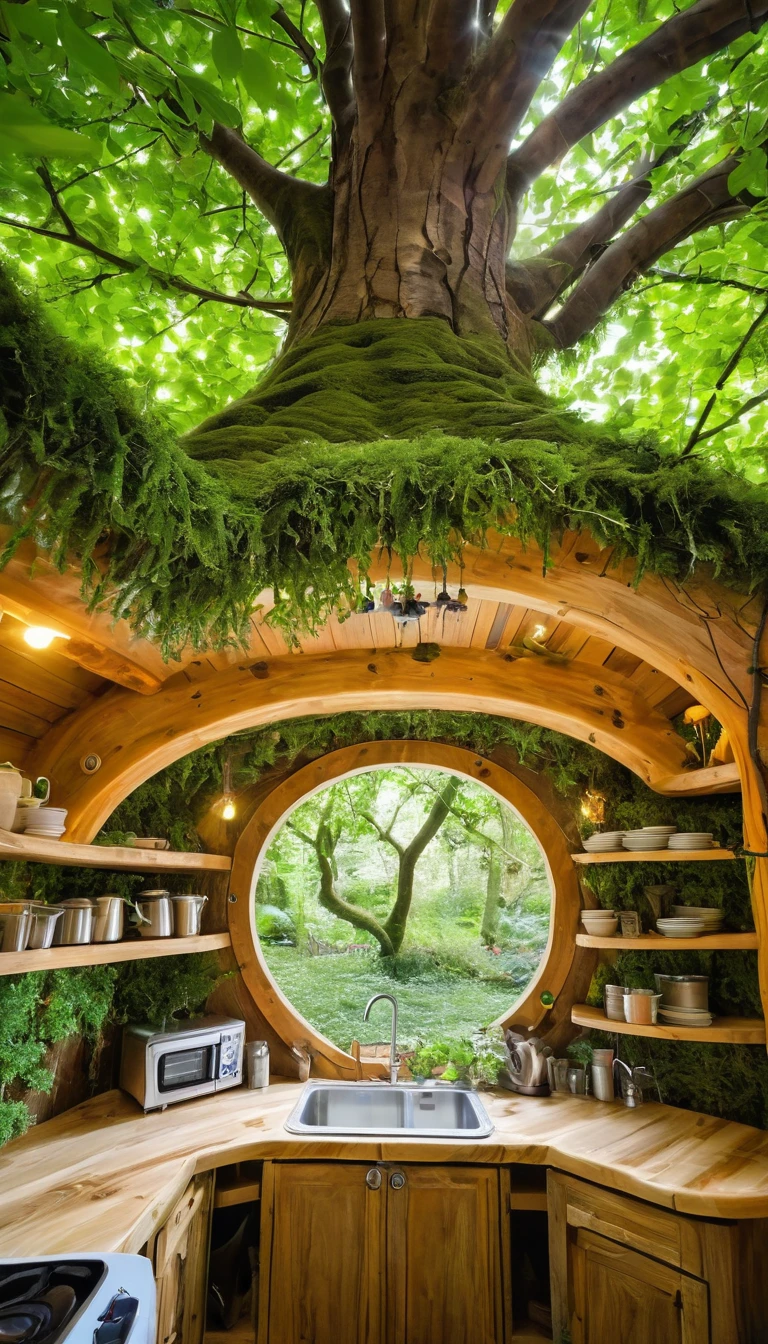 (Inside the tree:1.2), Magical fairytale forest, There is a cozy kitchenette inside