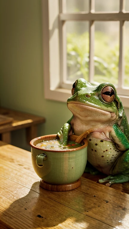 A frog eating soup,illustration,Practical,best quality,Super detailed,Bright colors,Warm lighting,Steamed Soup,Wooden spoon,Green skin,Flippers,Moist texture,Lovely.