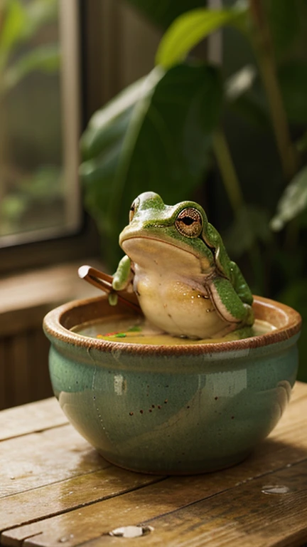 A frog eating soup,illustration,Practical,best quality,Super detailed,Bright colors,Warm lighting,Steamed Soup,Wooden spoon,Green skin,Flippers,Moist texture,Lovely.