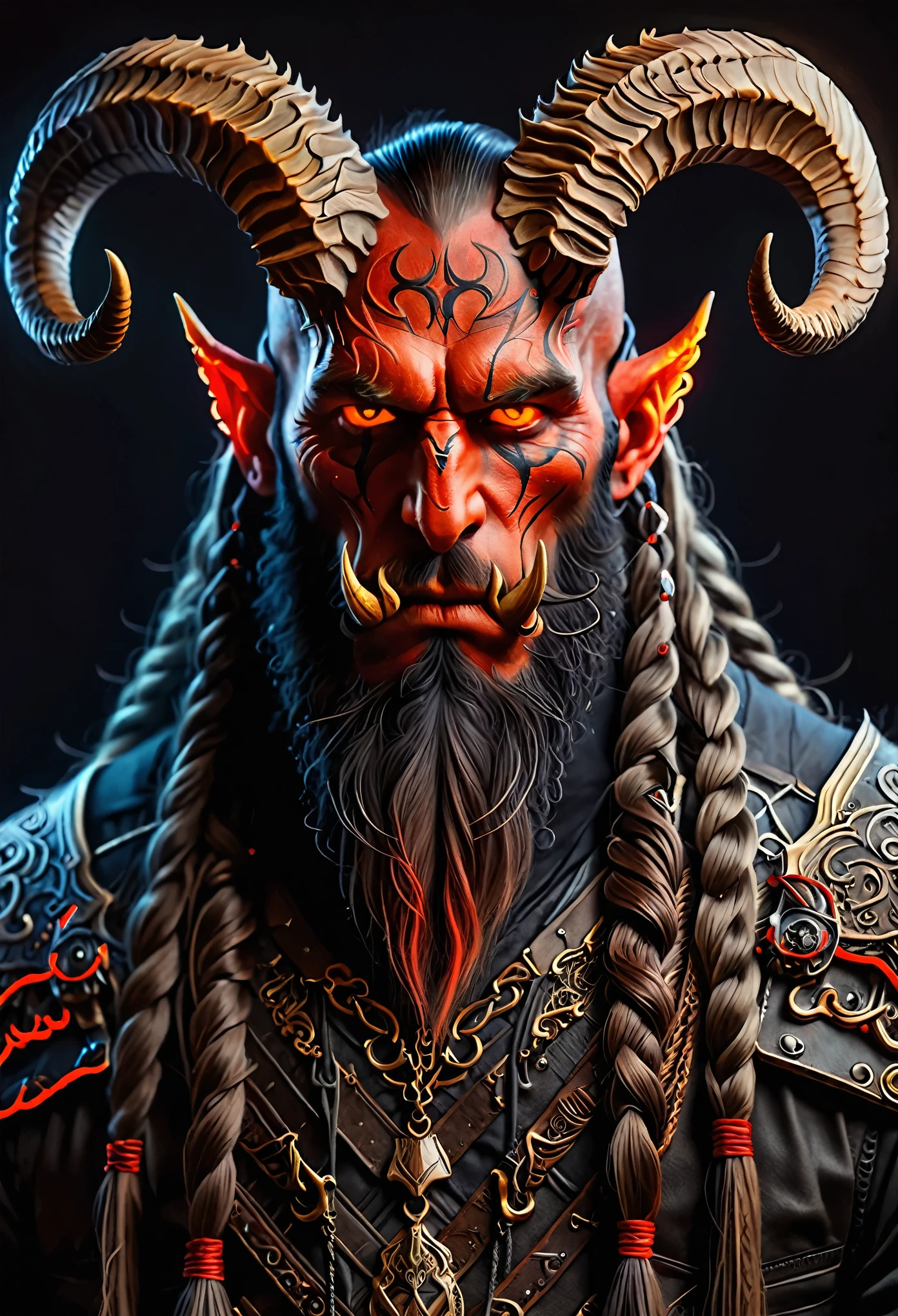 a close up of a man with very long braided beard and a horned head, fit male demon with white horns, horns and red eyes, felix englund style, with red glowing eyes,