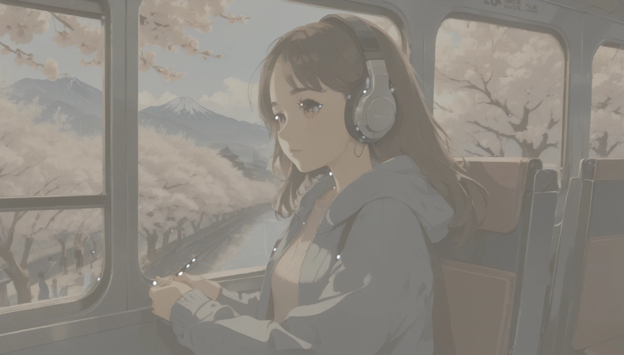 wideshot,old cartoon,on the train,woman listening to music,1 headphones,very detailed, supreme detail,lo-fi hip-hop,anime texture,solo,picture,gaze out at the outside,ultra-detailed,(best quality,4k,8k,highres,masterpiece:1.2),realistic,photorealistic:1.37,cell-shaded style,pastel color palette,soft lighting, A view of cherry blossoms in full bloom