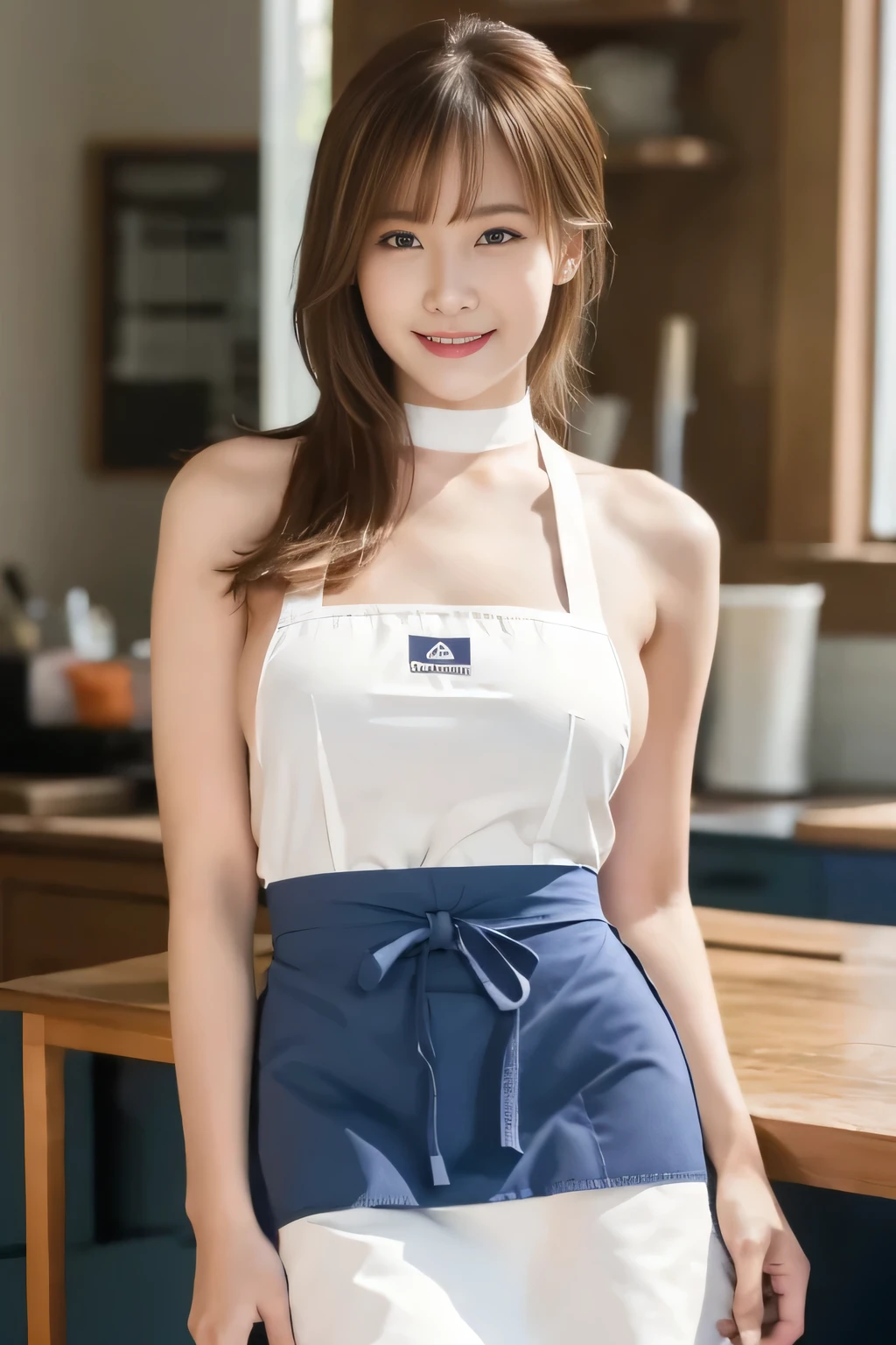 highest quality,masterpiece,Ultra-high resolution, (Realistic:1.4), girl, 18-year-old, (Firm breasts:1.2),  (Slim face:1.2, Narrow waist, Thin legs), Charm,  look at each other, Dynamic Shot, (black choker) , (bangs), Blue Eyes, smile, Big Breasts, ((Naked Apron, Work Apron))、very long eyelashes, ((Research Room)), (Nipples:-1), No sleeve