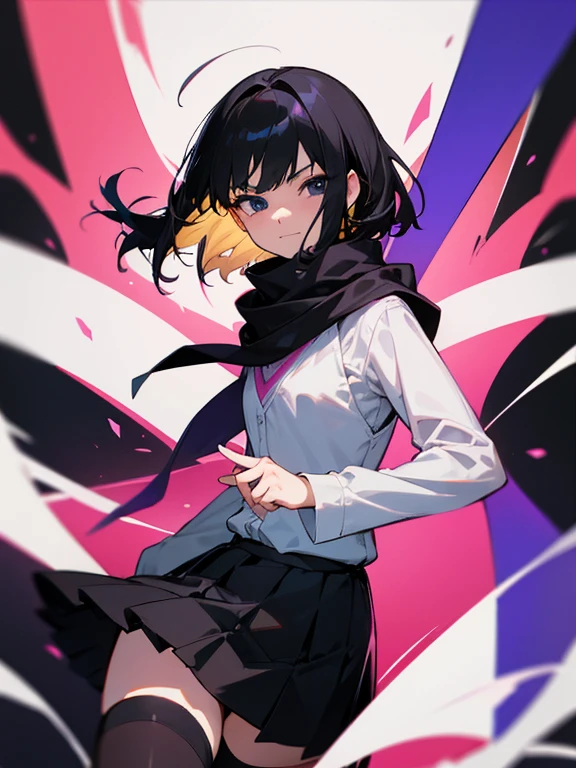 anime, poster, 4girls, girl1: black eyes, black hair, shoulder length hair, evil smile, , black thigh highs, girl2: white hair, short hair, blue eyes, flat chest, determined expression, girl3: black hair, short hair, pink scarf, large floating scarf, black eyes, pleated skirt, shirt, black thigh highs, smug, girl4 : blonde hair, red eyes, princess, elegant dress