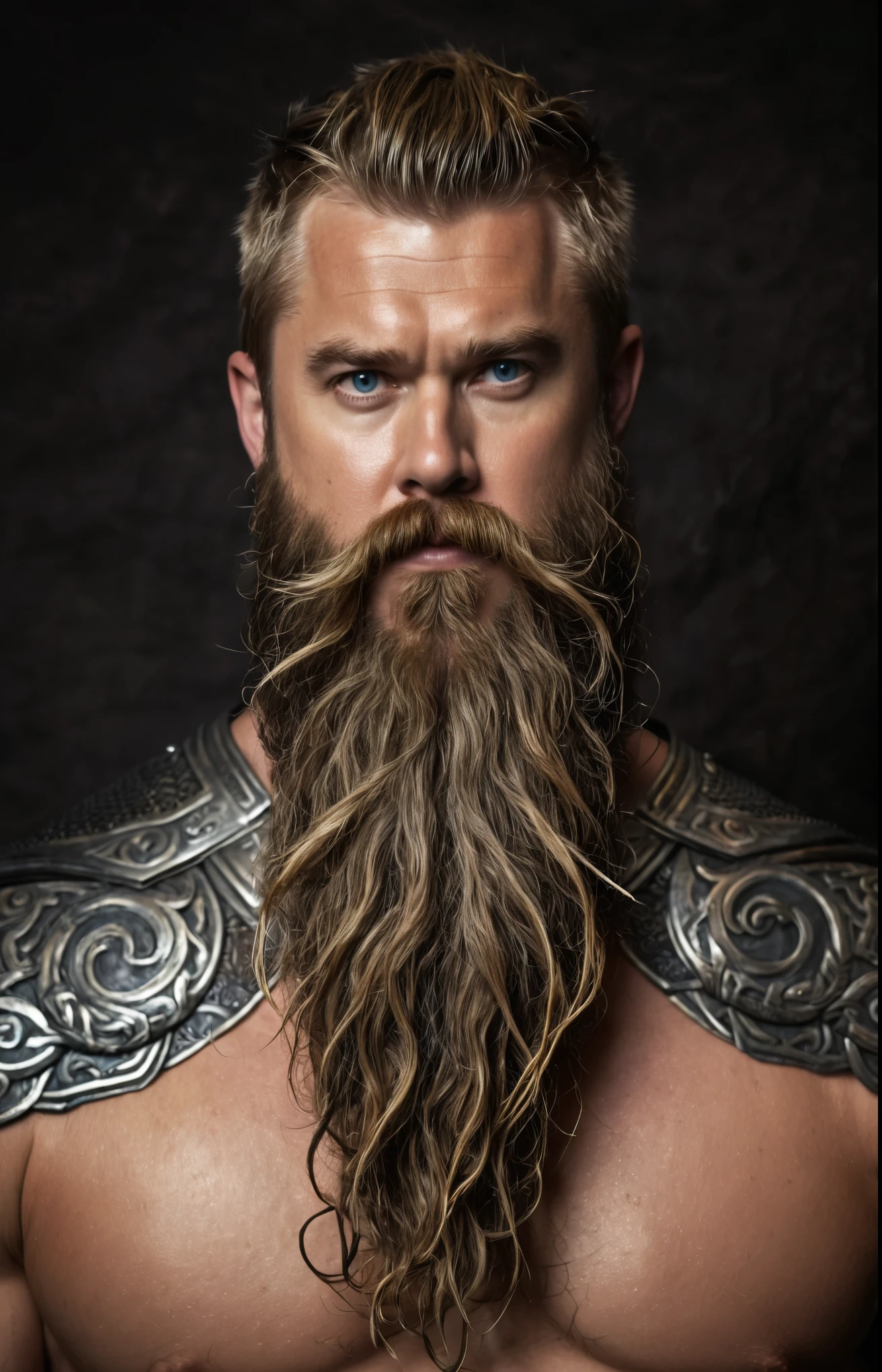 Thor with a beard,Big beard, full beard, hanging beard, massive beard, warrior beard style , (Triskele Beard Bead), viking beard, Norse mythology,gothic style,volumetric lights
