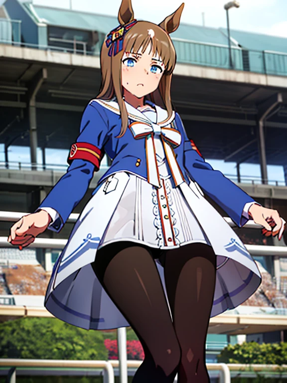 grass wonder \(Umamusume\), 1 girl, Solo, Best Quality, masutepiece, 8K, High resolution, Ultra-detailed, from below, ((dash, sprint)), Blue jacket, White sailor color, Long sleeves, White skirt, Black pantyhose, sweat, ((muddy clothes:1.2)), (((racecourse))),