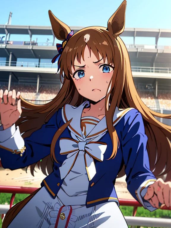 grass wonder \(Umamusume\), 1 girl, Solo, Best Quality, masutepiece, 8K, High resolution, Ultra-detailed, from below, ((dash, sprint)), Blue jacket, White sailor color, Long sleeves, White skirt, Black pantyhose, sweat, ((muddy clothes:1.2)), (((racecourse))),