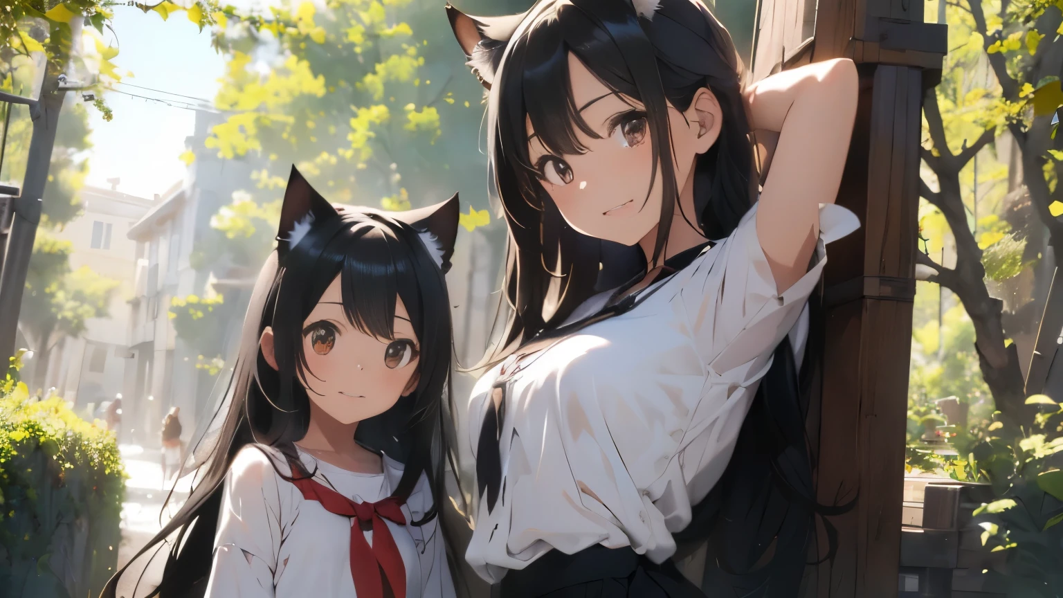 la mejor calidad,obra maestra,super high resolution,perfect anatomy,(fidelidad:1.4),RAW Photographer,smile,2 girls, a 25-year-old man and an 8--old l. long black hair with cat ears and red eyeswomen and girls, Madre e hija,Hermosa madre e hija,en el bosque,tiro de vaquero,cinematic lighting,Padre y modelo,adorable,, (NSFW:1.2)