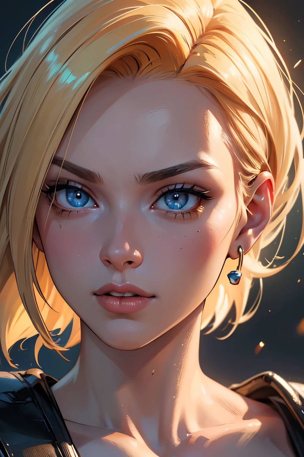 (best quality,highres),the same physique but with the face of Android 18 from Dragon Ball Z,portrait,ultra-detailed,sharp focus,vivid colors,HDR,studio lighting,beautiful detailed eyes,beautiful detailed lips,extremely detailed face,longeyelashes,sci-fi,physically-based rendering,colorful palette,soft lighting