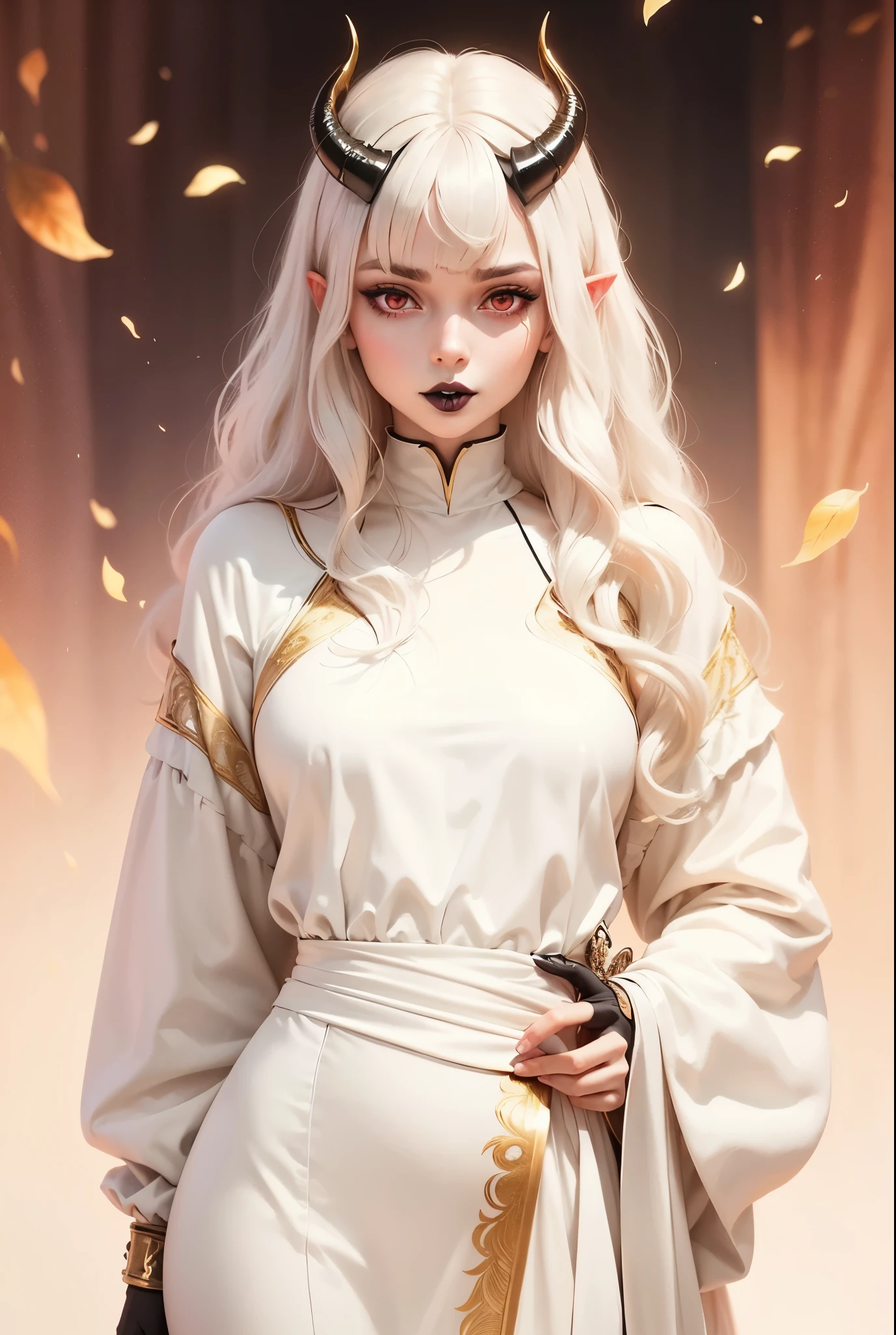 best quality, art, high resolution, 4k, (exquisite body: 1.5), beautiful face, (milky skin: 1.3), intricate details, high resolution, wallpaper, 4k, official art, splash art, focus sharp, 1 girl, alone, perfect body, pale and delicate skin, medium breasts, big eyes, ((bright eyes)), (((red eyes))), long hair, (((long white hair with bangs)) ), pointed ears, closed mouth, (((black lipstick))), gothic makeup, long dress with long, wide sleeves, (((red and gold dress))), conservative dress, black gloves, matching gloves, gold embroidery , natural pose, standing, (((1 pair of black horns))), perfect horns