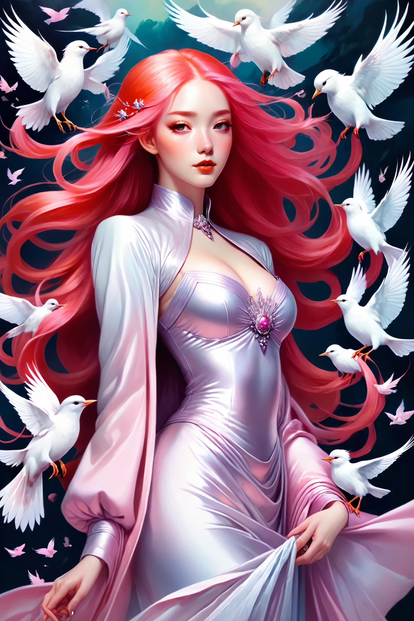 A queen with long pink hair and a bunch of white birds, loish and wlop, artgerm and james jean, red haired goddess, by loish, inspired by Ross Tran, james jean and wlop, cloud goddess, by Ross Tran, artwork in the style of guweiz, loish and ross tran, style of peter mohrbacher