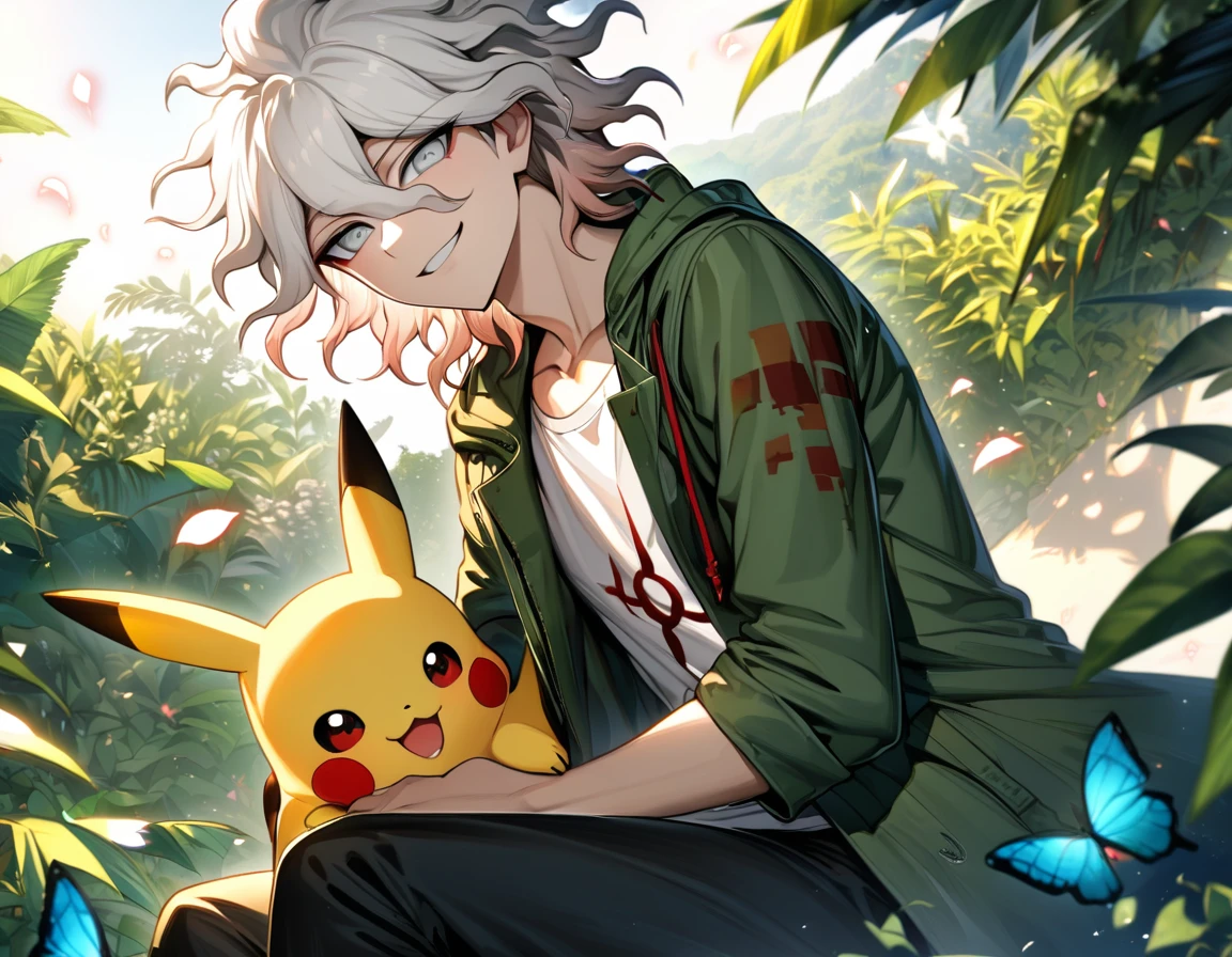Ultra detailed, Highres, absurdres, HDR, Komaeda Nagito, silver eyes, white hair, Danganronpa, green leaves, petals, butterflies, handsome, 1 man, holding a plushie of Pikachu, green long coat, white tight t-shirt, summer, black pants, smirking,