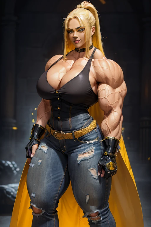 ((((Massive tall, beautiful, buff, light brown skinned muscular goddess woman with yellow hair, black lipstick, ginormous bulky muscles, wearing an half button down long yellow coat with black tight denim pants)))), close view, massive muscle, massive biceps, ginormous muscle arms, hyper muscle triceps, (flowing long hair), (glowing gray eyes), choker, (chain belt), black boots, (black gauntlets), in a volcano palace, flirtatious smile, night, hyper muscles arms, hyper muscle legs, (ginormous arms), glowing gray eyes, glowing gray eyes, glowing gray eyes.