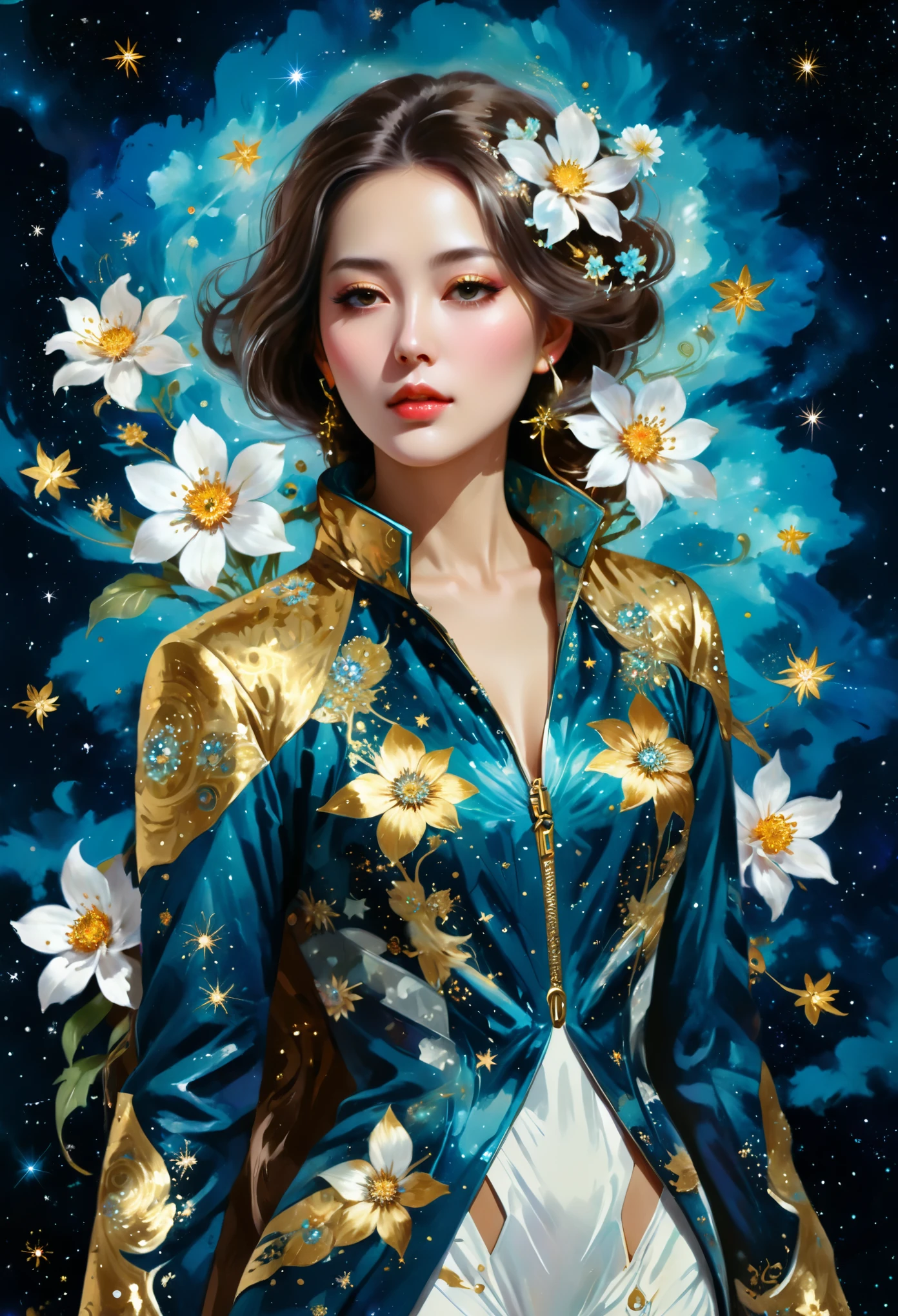 arafed image of a woman with a jacket and flowers, cosmic girl, inspired by Zhou Wenjing, suit made of stars, goddess of galaxies, galaxy + baroque, girl in space, cosmic style, cosmic goddess, inspired by Wen Jia, portrait of a cosmic goddess, exquisite digital illustration, cyborg goddess in cosmos, strange portrait with galaxy, jingna zhang