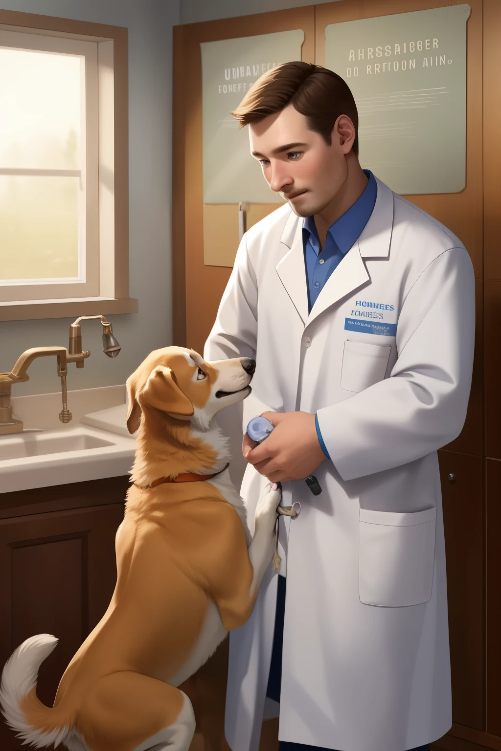 For World Veterinary Day, a captivating poster featuring the interaction between humans and animals is called for. No text is necessary, allowing the visual representation to convey the essence of this special day.
Behold a striking depiction of a compassionate veterinarian engaging with a grateful canine. The veterinarian, dressed in a pristine white coat, tenderly examines the dog's ear with a concerned expression etched on his face. The canine, with its velvety brown eyes and wagging tail, shows signs of trust and comfort in the veterinarian's care.
The scene unfolds in a warm, well-lit space, surrounded by the soothing elements of nature
