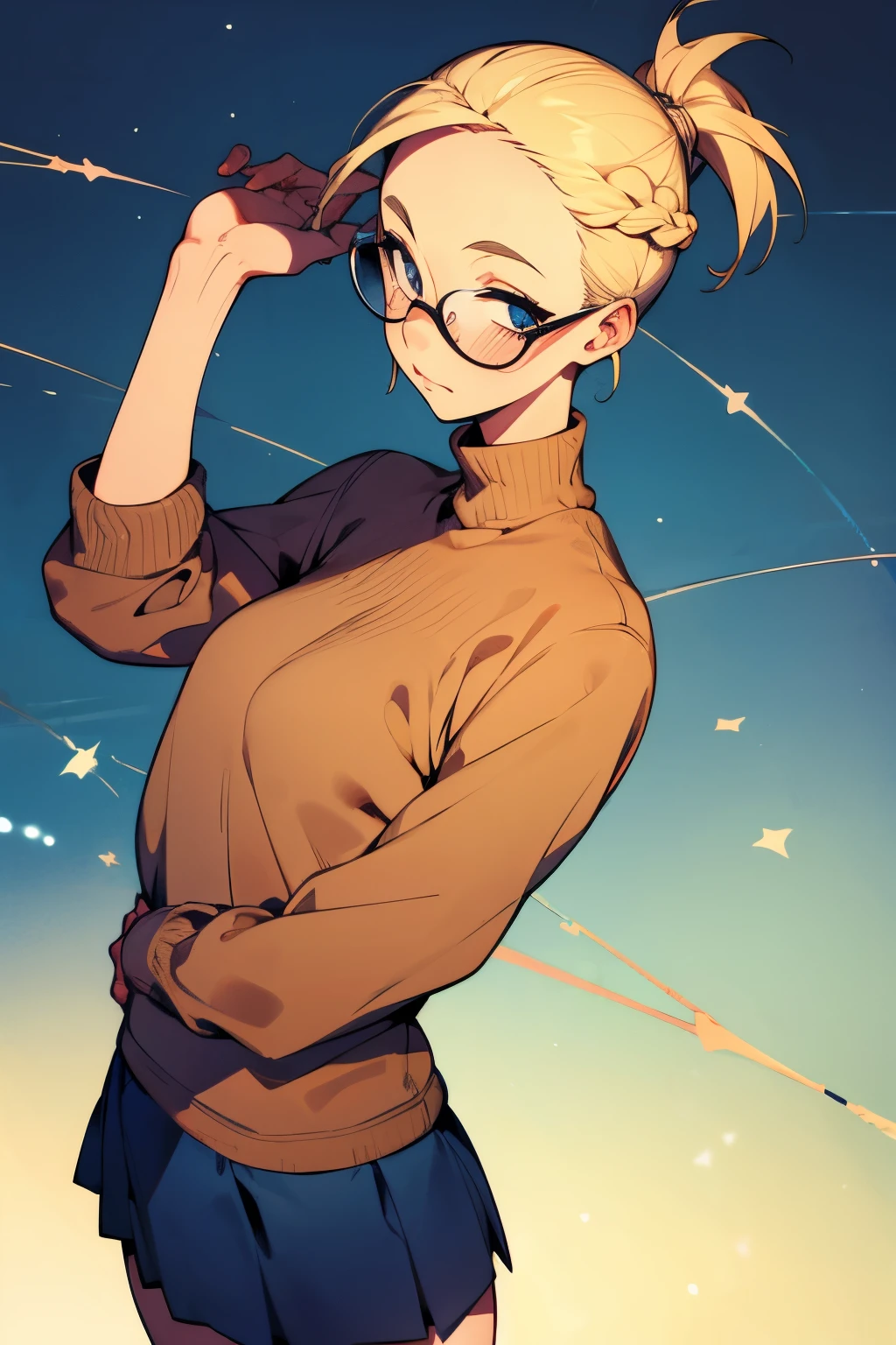 Beautiful girl alone, blonde hair, short hair, ponytail, very short hair, braided strand in ponytail, freckles, glasses, turtleneck sweater, miniskirt