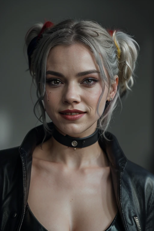 Daisy Ridley is Harley quinn with piercing yellow eyes, a sleek gray coat, and a sly predatory smile. She wears a wide-brimmed red hat, silver hair tumbling down, and tall red boots. Her eyes are accentuated with smokey eye makeup. This striking image is a mesmerizing painting that captures the mysterious allure of the woman's predatory features. Every detail is skillfully rendered, from the intensity of her gaze to the subtle hint of danger in her smile. The high quality of this image immerses viewers in a world where beauty and ferocity coexist.