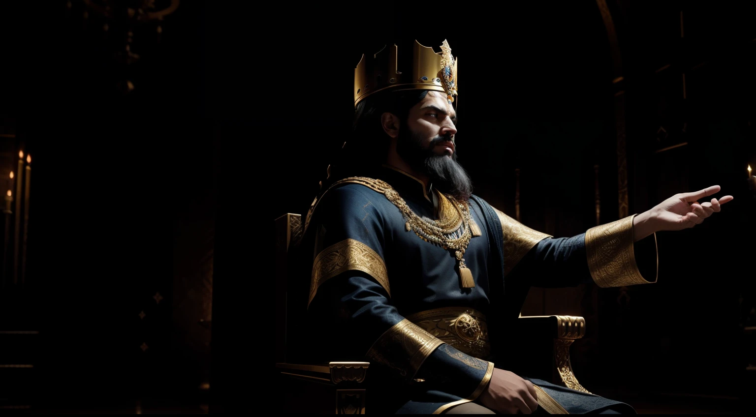 4k, unreal engine, a persian king sitting on his throne and pointing fingers while his hands raised in his big throne room. king wearing golden color cloth and a crown