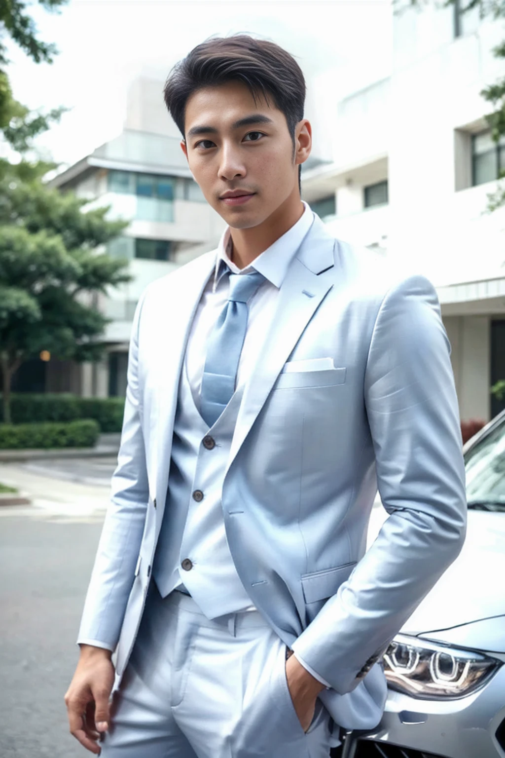 arafficial asian man in a suit and tie standing in front of a car, wearing a light blue suit, Handsome chad chin, Mr. Jia, Inspired by Lee Joong-geun, Handsome man, wearing suit, Xiaorong, suit, in a suit, Roth Tan, blue suit, Handsome, well dressed, wearing fashion suit, steve zheng