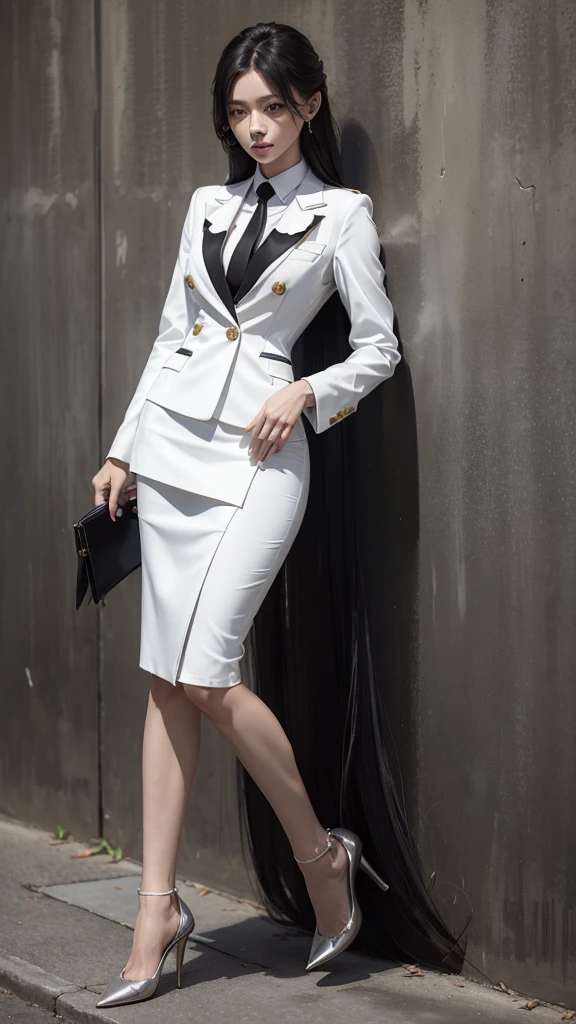 Beautiful girl with two meter long hair, long black hair, wearing a white women&#39;s suit, Single-Breasted Suit, Business Suit, skirt suit, short skirt suit, Wear a suit over the outside., (business suit), (business woman, ชุดbusiness suit, white skirt suit, Two button suit, pencil skirt, tight), (white women&#39;s suit), (white shirt), (Thai women&#39;s short black necktie), (Military rank insignia), (pencil skirtสั้นสีขาว), tight, (dynamic post), full body, (Huge breasts, thin body, small waist, hips raised, small thighs, Long legs), A gigantic rift, black high heels, pencil skirtสั้นสีขาว, สวมbusiness suit, business suit, military regalia, advanced military rank, สวมblack high heels