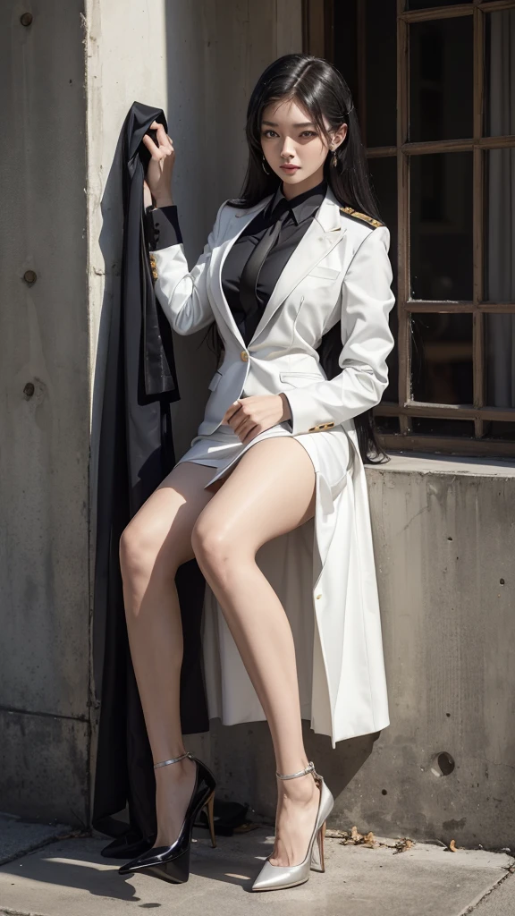 Beautiful girl with two meter long hair, long black hair, wearing a white women&#39;s suit, Single-Breasted Suit, Business Suit, skirt suit, short skirt suit, Wear a suit over the outside., (business suit), (business woman, ชุดbusiness suit, white skirt suit, Two button suit, pencil skirt, tight), (white women&#39;s suit), (white shirt), (Thai women&#39;s short black necktie), (Military rank insignia), (pencil skirtสั้นสีขาว), tight, (dynamic post), full body, (Huge breasts, thin body, small waist, hips raised, small thighs, Long legs), A gigantic rift, black high heels, pencil skirtสั้นสีขาว, สวมbusiness suit, business suit, military regalia, advanced military rank, สวมblack high heels